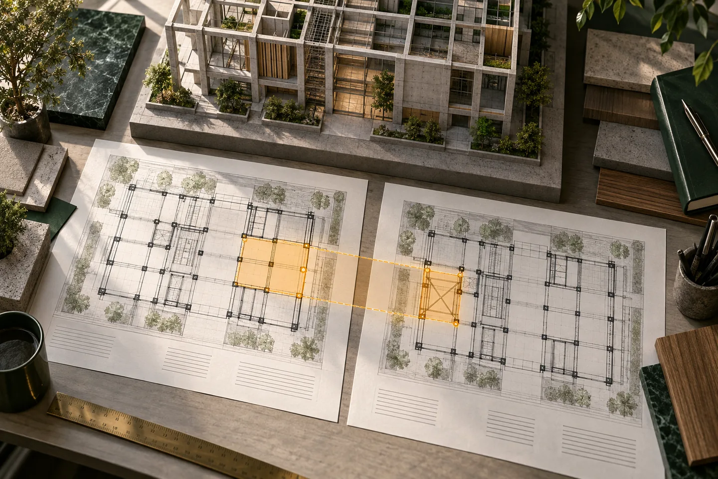 Two coordinated drawing sets show one controlled change to a structural bay.