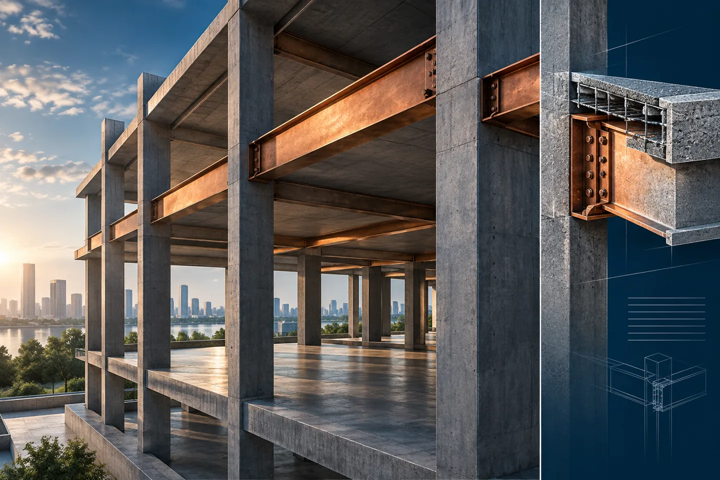 Selected beams are highlighted in a concrete frame section.