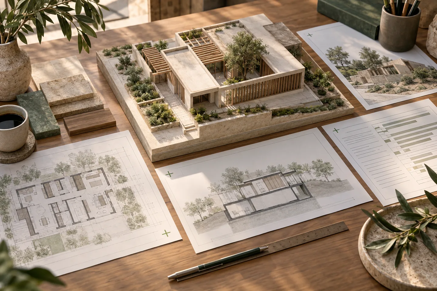Plan, section and schedule sheets are arranged around a building model.