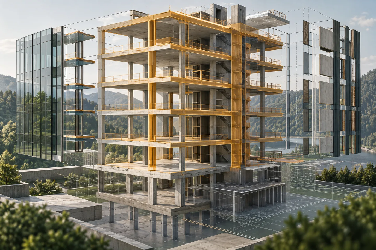 A structural frame and translucent facade and grid layers are shown slightly separated.